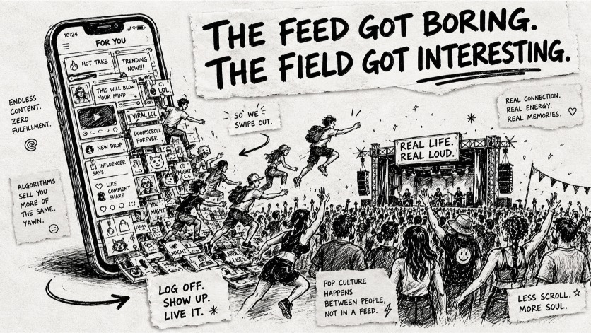 People climbing out of a phone feed into a real-world festival crowd, showing pop culture moving offline.