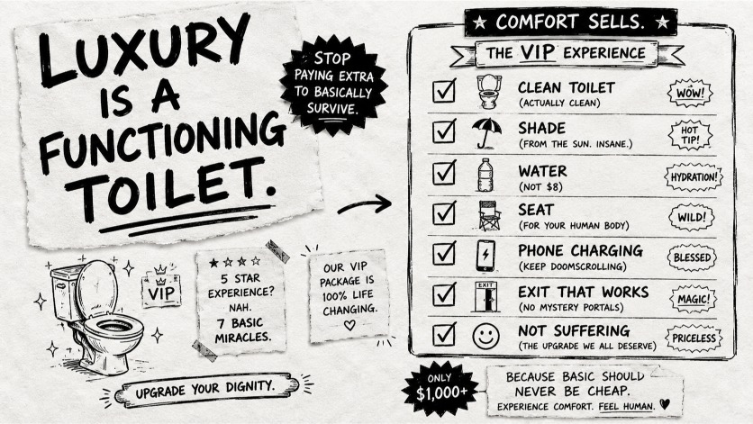 A humorous festival VIP package showing clean toilets, shade, water and seating as the real luxury experience.