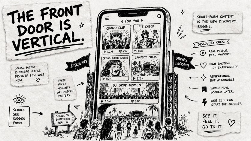 A smartphone acting as the entrance gate to a music festival, showing how social media drives festival discovery.