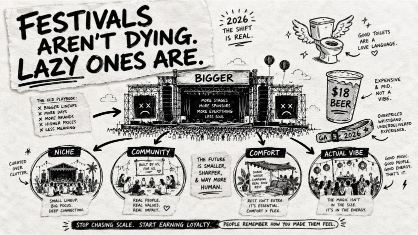 Illustration showing the future of music festivals shifting from giant generic events to smaller niche community-led festivals.
