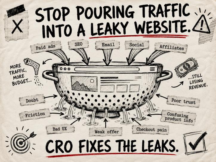 CRO image: more traffic does not fix a leaky website.