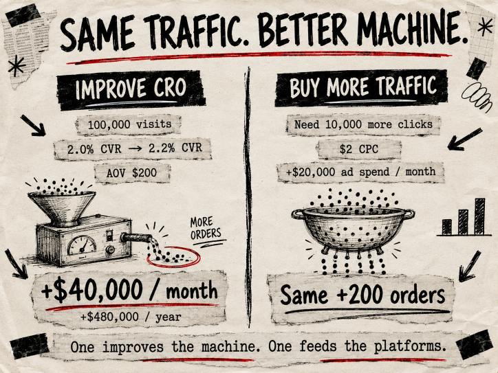 CRO maths image: the same revenue lift can come from improving the machine or buying more traffic.