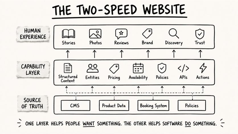 Image 5. The two-speed website: a Human Experience above a machine-readable Capability Layer, both fed by trusted source systems.